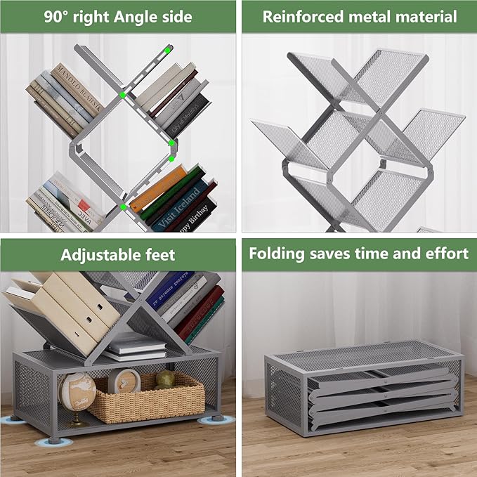 Gintan 9-Tier Modern Book Shelves with Storage, Bedroom Shelves Folding Bookshelves, No Installation Required Shelf Tree Bookcase for Living Room, Study, Home Office, Bed Room (Grey)