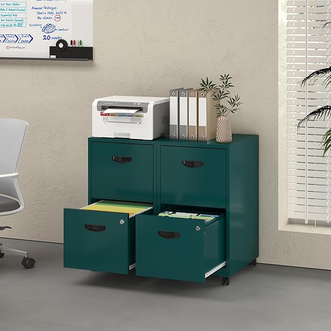 2 Drawer File Cabinet with Lock, Filing Cabinets with Wheels, Rolling File Cabinets for Home Office, Metal Office File Cabinet, Mobile Filing Cabinet for Holding Letters and File Boxes, Green