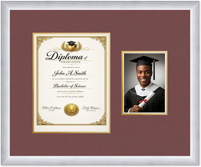 CountryArtHouse Fits 8.5 x 11 Certificate (Portrait) and 5 x 7 Photo Diploma and Photo Frame Stainless Silver Genuine Hardwood with Dark Red Over Metallic Gold Double mat
