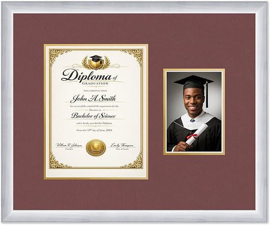 CountryArtHouse Fits 8.5 x 11 Certificate (Portrait) and 5 x 7 Photo Diploma and Photo Frame Stainless Silver Genuine Hardwood with Dark Red Over Metallic Gold Double mat