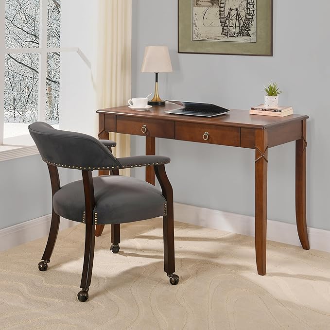 Traditional Home Office Desk with 2 Storage Drawers, Solid Wood Computer Desk with Elegant Carved Legs,Vanity Desk, Writing Desk, Corner Table for Living Room, Easy Assembly Cherry Brown BSZ-DR200
