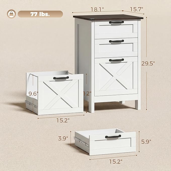 HOMCOM 3 Drawer File Cabinet with Silent Slides, Vertical Filing Cabinet for Hanging A4/Letter Size, Rustic Farmhouse Printer Stand with Storage for Home Office, Distressed White