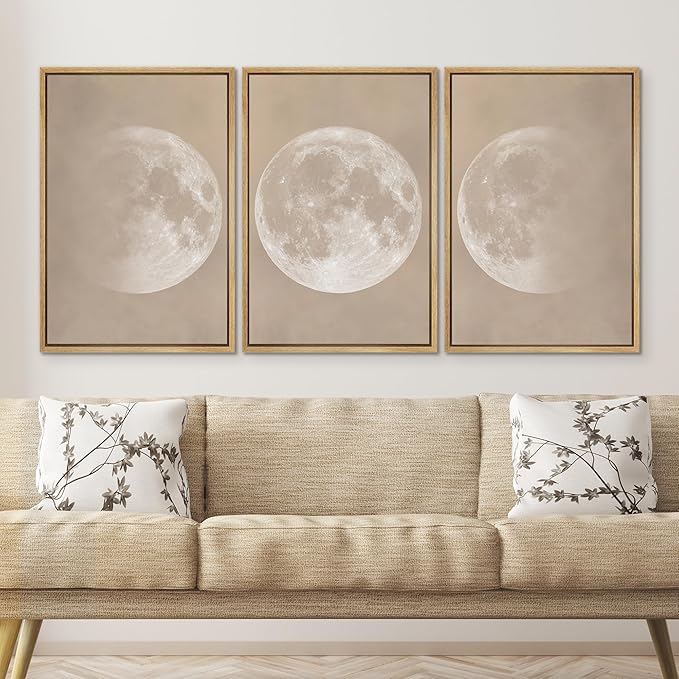 SIGNWIN Framed Canvas Print Wall Art Full Moon Minimalist Beige and Black Toned Lunar Nature Wilderness Modern Art Cool for Living Room, Bedroom, Office - 16"x24"x3 Natural
