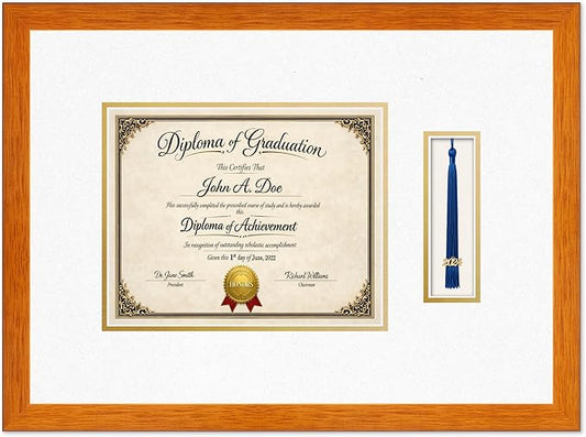 Diploma Frame with Tassel Holder Honey Oak Shadowbox Oyster Shell Over Gold Mat - Fits 10 x 8 Degree Made in the USA