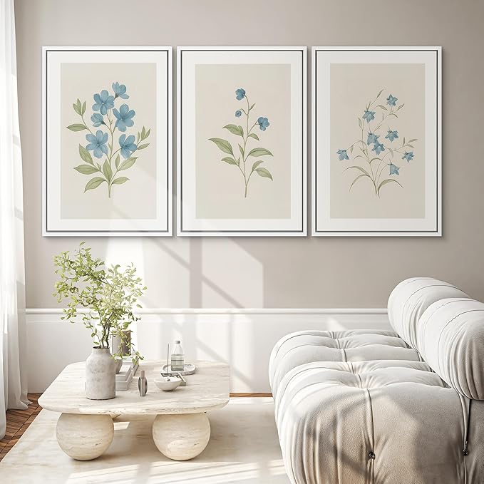 SIGNWIN Framed Canvas Print Wall Art Set Blue Floral Botanical Vintage Wildflower Illustrations Modern Art Decorative Nordic Abstract for Living Room, Bedroom, Office - 16"x24"x3 White