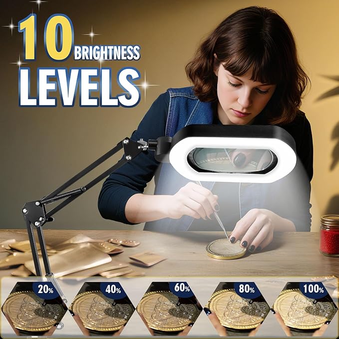 12X Square Magnifying Glass with Light and Stand with 144 LEDs Brightiness, 5 Color Modes Hands Free Lighted Magnifying Glass, 10 Dimmable Brightness Magnifying Desk Lamp for Close Work Craft Reading