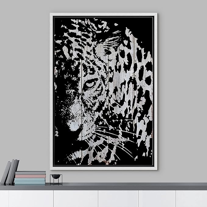 IDEA4WALL Framed Canvas Print Wall Art Grayscale Spotted Leopard on Light Wood Panels Animals WildLife Illustrations Modern Art Tropical Portrait for Living Room, Bedroom, Office - 24"x36" WHITE
