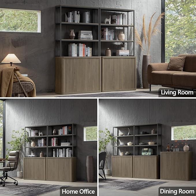 SICOTAS Book Shelf Fluted Bookshelf 71" Tall Bookcase with Doors Storage 5 Tier Mid Century Modern Bookshelves Large Shelves Metal Book Cases for Living Room Office Bedroom Kitchen Library