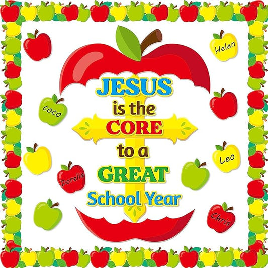 BeYumi 77Pcs Jesus is the Core to a Great School Year Christian Bulletin Board Set Cross Apple Name Tags Cutout Border Trim Back to School Faith Religious Classroom Sunday School Chalkboard Wall Decor