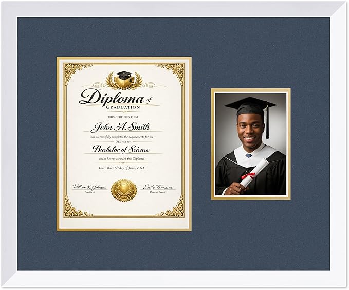 CountryArtHouse Fits 8.5 x 11 Certificate (Portrait) and 5 x 7 Photo Diploma and Photo Frame Bright White Genuine Hardwood with Navy Blue Over Metallic Gold Double mat