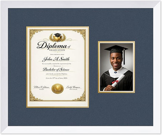 CountryArtHouse Fits 8.5 x 11 Certificate (Portrait) and 5 x 7 Photo Diploma and Photo Frame Bright White Genuine Hardwood with Navy Blue Over Metallic Gold Double mat