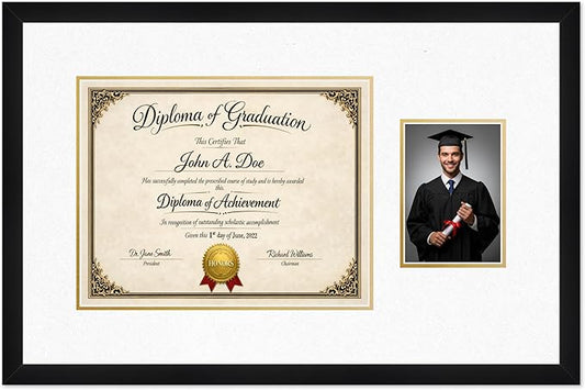 Diploma Frame With Photo Opening Matte Black Oyster Shell Over Gold Mat - Fits 14 x 11 Degree and Picture Made in the USA