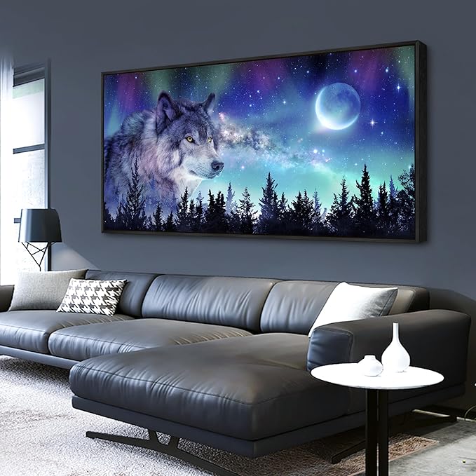 Wapluam Black Framed Canvas Wall Art For Living Room Family Wall Decor For Bedroom Wall Decorations For Office Abstract Aurora Scenery Paintings Wolf Wall Pictures Artwork Room Home Decor 20" X 40"