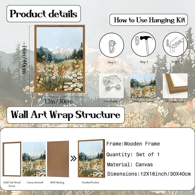 Framed Boho Landscape Wall Art, Colorful Floral Mountain Pictures Wall Decor, Vintage Wildflower Nature Paintings Canvas Prints Rustic Home Decor for Living Room Bedroom Office 12x16 inch