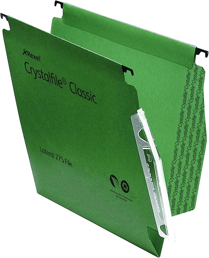 Rexel 275 Lateral Hanging Files with Tabs and Inserts, 15 mm V-Base, 100 Percent Recycled Manilla, Green, Crystalfile Classic, Pack of 50, 78652