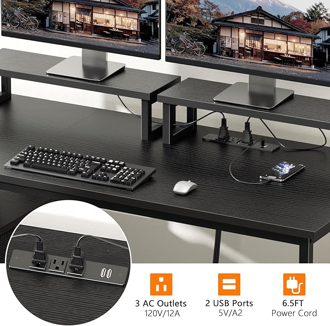 Furologee 47" Computer Desk with File Cabinet and Power Outlets, Home Office Desk with 2 Monitor Stands and Storage Drawer, Gaming Table with Shelves and 2 Hooks for Bedroom, Black