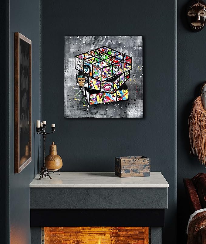 SIXTTART Banksy Canvas Wall-Art for Bedroom - Street Graffiti Wall Art Abstract Painting Pop Art Wall Decor Modern Home Office Decor 14" W x14 H Stretched and Framed Ready to Hang