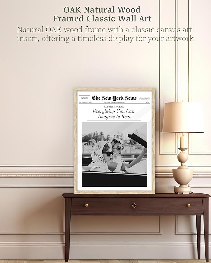 iHery Everything You Can Imagine Is Real Framed Trendy NewsPaper Wall Art, Natural OAK Wood 12x16in Canvas Wall Art Decor For Bedroom, Vintage Hot Girls Prints Living Room Home Décor 1Pack