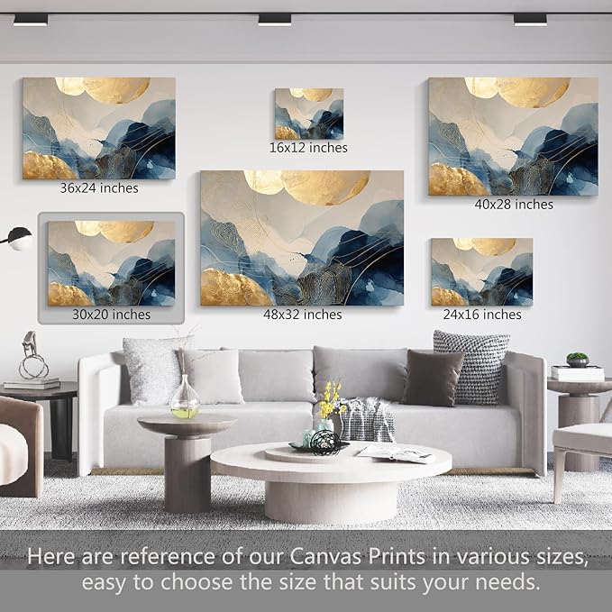 gaosoul Modern Blue Abstract Canvas Wall Art Oil Painting Gicless Prints with Gold Circles Flowing Watercolor Effects Dynamic Brushstrokes Artwork for Living Room Home Office Decor Framed 30x20in