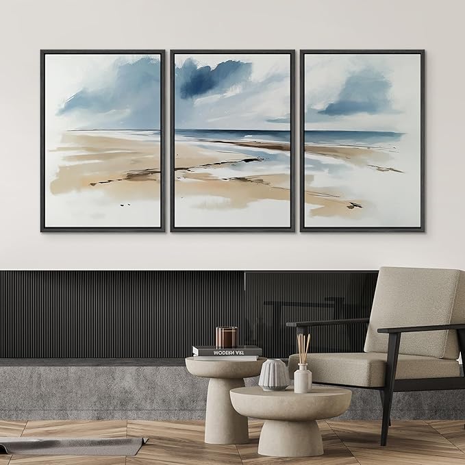 SIGNWIN Framed Canvas Print Wall Art Set Coastal Beach Horizon Blue and Tan Seascape Illustrations Modern Art Decorative Boho Relax/Zen Nordic for Living Room, Bedroom, Office - 24"x36"x3 Black