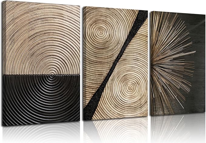 3Pcs Retro Wood grain Abstract Canvas Wall Art Minimalist Black Golden Line Texture Wall Decor Pictures Neutral Geometric Beige Brown Poster Prints for Living Room Bedroom Home Decoration 12x16in