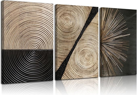 3Pcs Retro Wood grain Abstract Canvas Wall Art Minimalist Black Golden Line Texture Wall Decor Pictures Neutral Geometric Beige Brown Poster Prints for Living Room Bedroom Home Decoration 12x16in