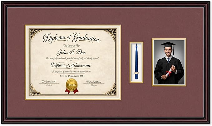 Diploma Tassel and Photo Frame Executive Brown Shadowbox Dark Red Over Gold Mat - Fits 14 x 11 Degree Picture Made in the USA