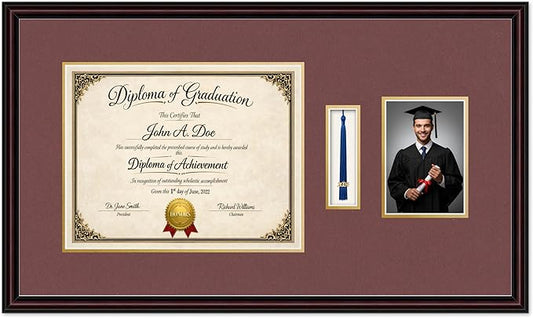 Diploma Tassel and Photo Frame Executive Brown Shadowbox Dark Red Over Gold Mat - Fits 14 x 11 Degree Picture Made in the USA