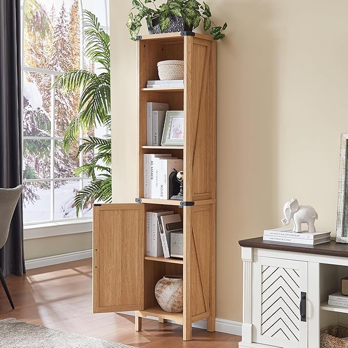 71" Tall Bookshelf, 5 Tier Bookcase with Adjustable Shelves and Barn Doors,Natural Wood Farmhouse Bookshelf with Storage Cabinet,Wood Freestanding Display Bookshelves for Bedroom,Living Room