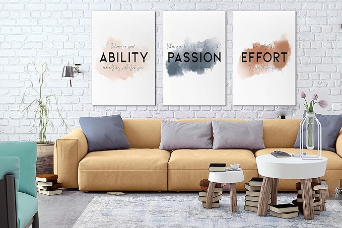 SHMAO Office Canvas Wall Art Motivational Wall Decor, 3 Piece Ability Passion Effort Print Pictures for Office Wall Decor Women Inspirational Framed Artwork Home Office Decor 24”x36”x3 Panels