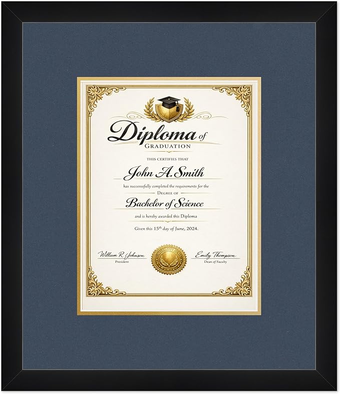 CountryArtHouse Diploma Frame Fits 8.5 x 11 Certificate (Portrait) - Keepsake Graduation Display Matte Black Genuine Hardwood with Navy Blue Over Metallic Gold Double mat