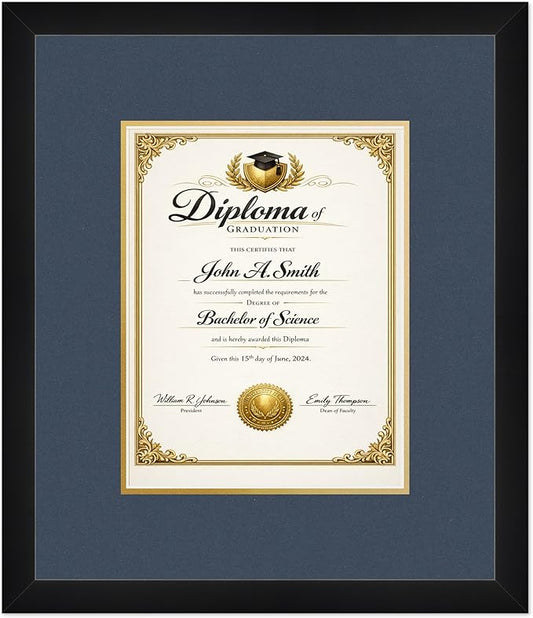 CountryArtHouse Diploma Frame Fits 8.5 x 11 Certificate (Portrait) - Keepsake Graduation Display Matte Black Genuine Hardwood with Navy Blue Over Metallic Gold Double mat