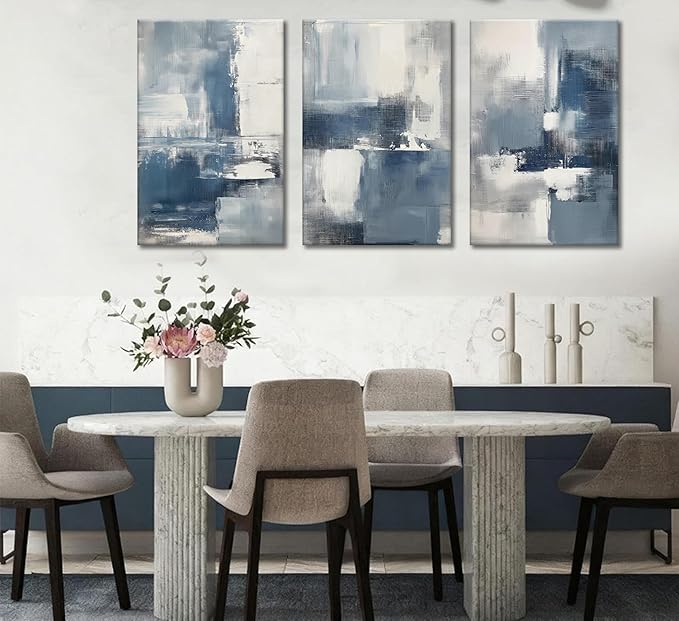 3pcs Navy Blue Abstract Canvas Wall Art Modern Minimalist Neutral Blue White Painting Picture Wall Decor Poster Print Artworks for Living Room Bedroom Office Decoration