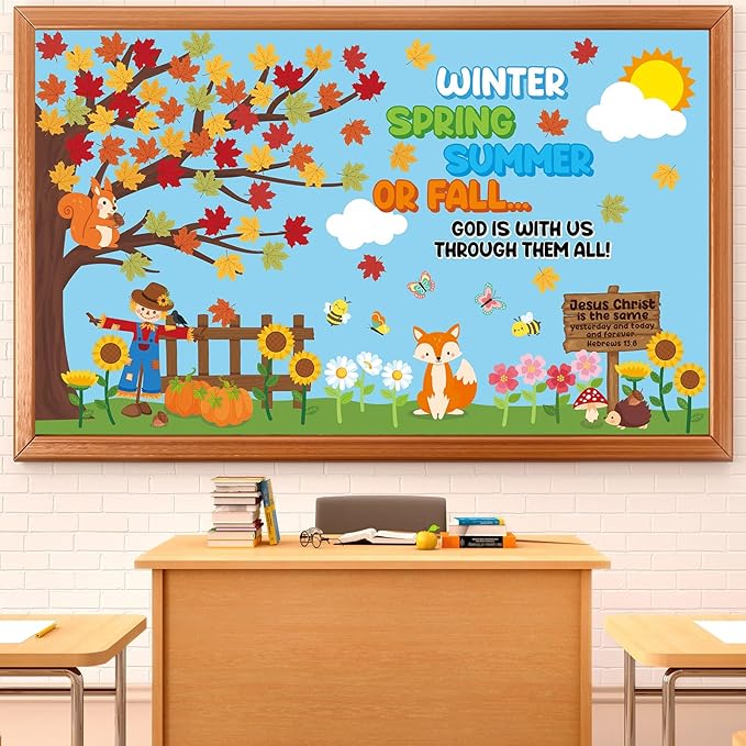 gisgfim Fall Jesus Christian Bulletin Board Decorations Sets Autumn Religious Classroom Decor Pumpkin Maple Leaves Paper Cutouts for Classroom School Church Chalkboard Home Wall Décor