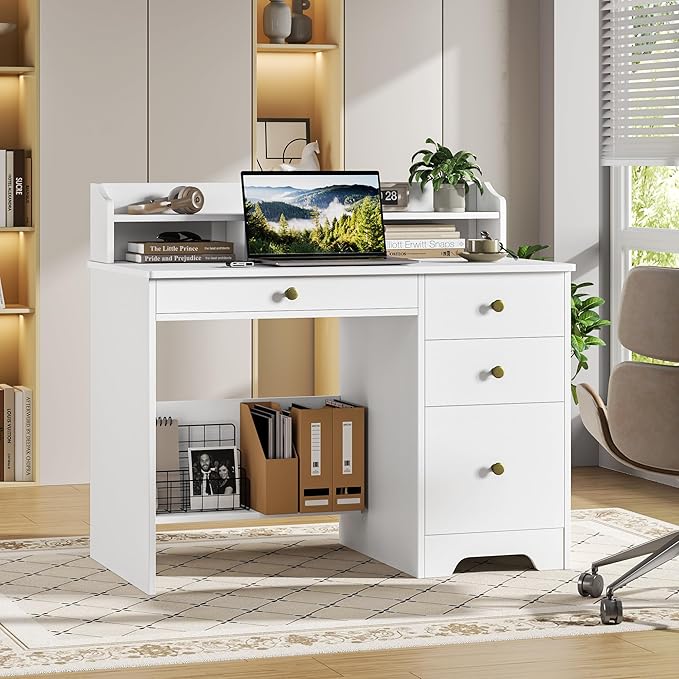 TTVIEW Computer Desk with Drawers and Hutch Shelf, Wood Executive Desk Writing Study Table with 43” Wide Tabletop, Small Desk with File Drawer for Home Office Bedroom, White