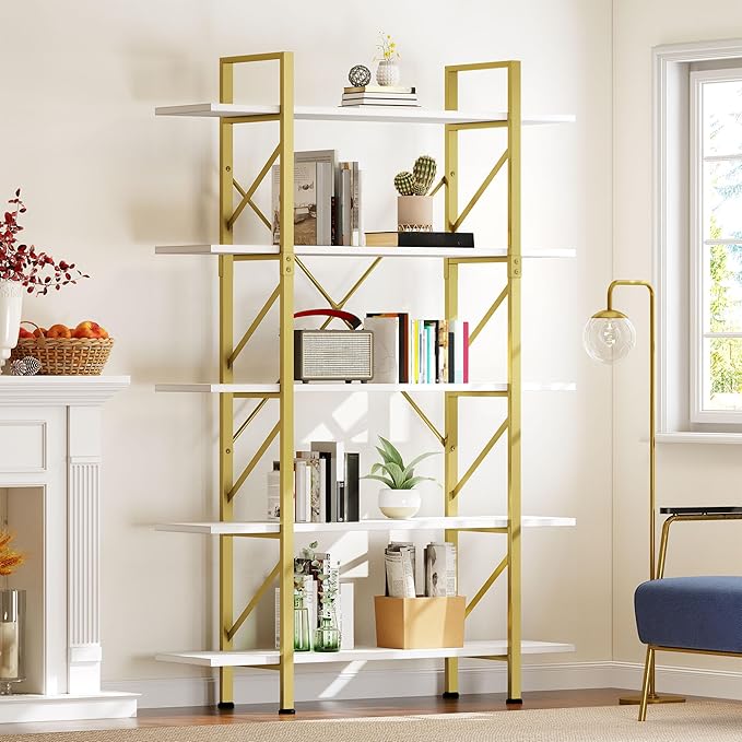YITAHOME 5 Tier Gold Bookshelf, 70.9" Tall Modern Wide Bookcase, Open Storage Rack Shelves in Living Room/Bedroom/Home/Office, Books Holder Organizer for Books/Plants, Gold & White