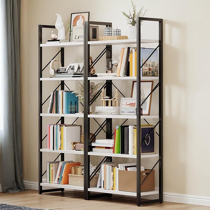 DWVO 5 Tier Bookshelf 2 Pack, White Bookase Storage Organizer, Modern Book Shelf Storage Rack Shelves for Bedroom, Living Room, Home Office, White