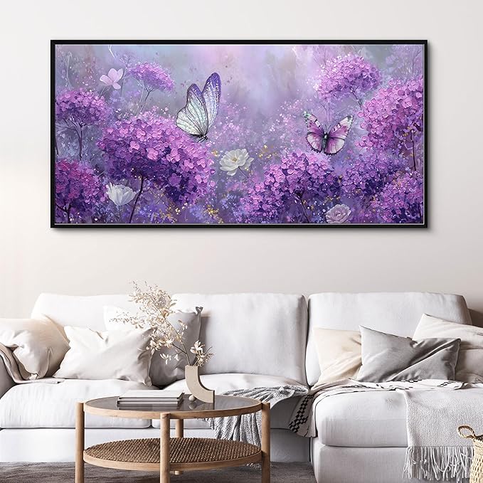 yiijeah Purple Wall Art Bedroom Canvas Lavender Bathroom Decor Butterfly Picture Items for Women Framed Artwork Print 58x29 Inches