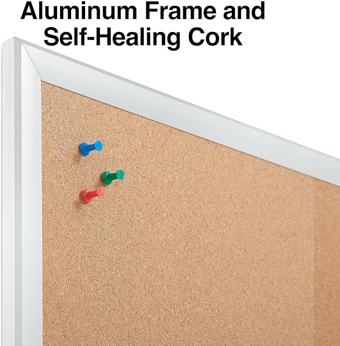 Staples Standard Durable Cork Bulletin Board with Aluminum Frame, 2' W x 1.5' H Wall Mounted Cork Message Board for Office Home and School