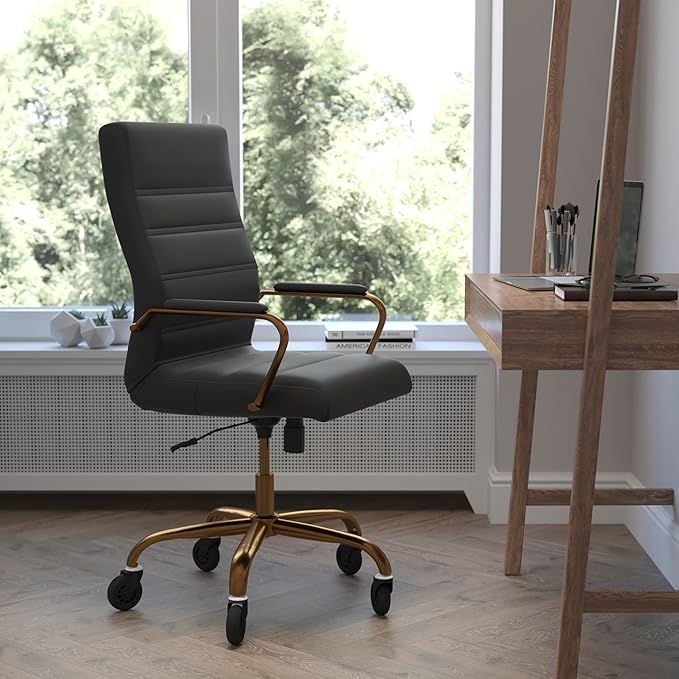 Flash Furniture Whitney High Back Black LeatherSoft Executive Swivel Office Chair with Gold Frame, Arms, and Transparent Roller Wheels