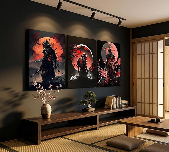 3pcs Japan Samurai Canvas Wall Art Japanese Style Full Moon Ninja Wall Decor Pictures Japanese Bushido Posters Prints Paintings for Living Room Bedroom Home Artwork Decoration Ready To Hang