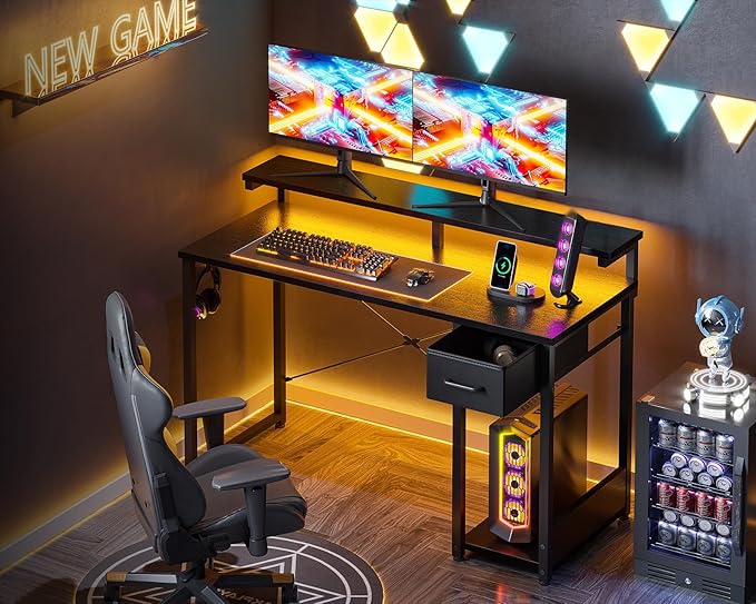 AODK Gaming Desk with LED Lights, 40 Inch Computer Desk with Drawers, Reversible Small Desk with Monitor Stand & Headphone Hook for Home Bedroom, Black