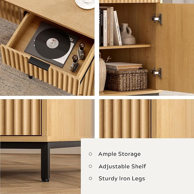 47" Executive Desk with Fluted Drawers, Wooden Home Office Desk with Storage Cabinet, Charging Station, Metal Legs Modern Farmhouse Computer Desk for Work, Study Natural Oak
