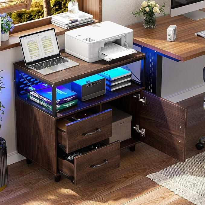 Homieasy Lateral File Cabinet with LED Light, Office Filing Cabinets with 2 Drawers and 1 Door Cabinet, Desk Side Printer Stand with Storage for Office Supplies, Walnut