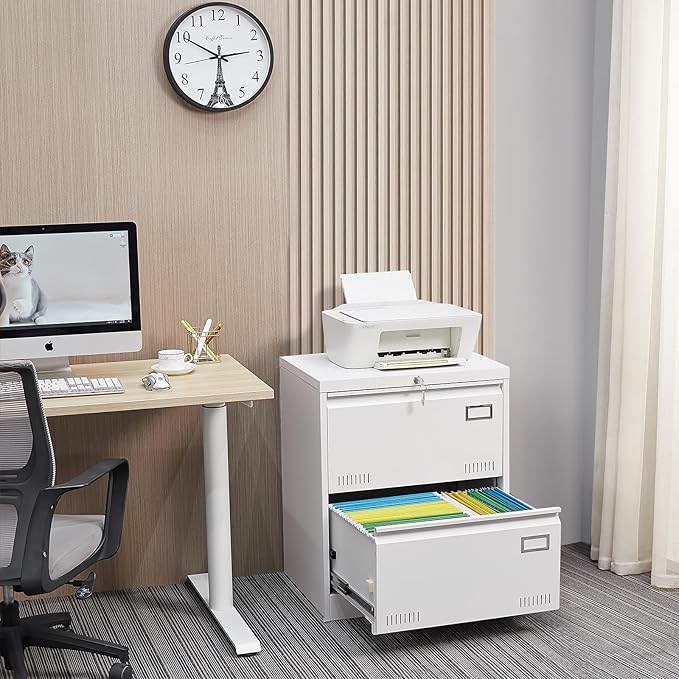 GREATMEET 2 Drawer Lateral File Cabinet,Lateral Filing Cabinet with Lock,Metal Lateral File Cabinet for Letter/Legal/F4/A4 Size with Hanging Bars,White