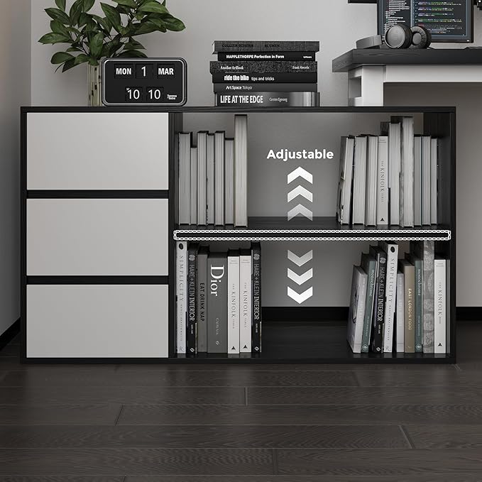 L Shape Computer Desk with 3 Drawers and 2 Shelves, Home Office Desk Corner Small Desk with Storage Cabinet for Writing Study Executive – Black and White