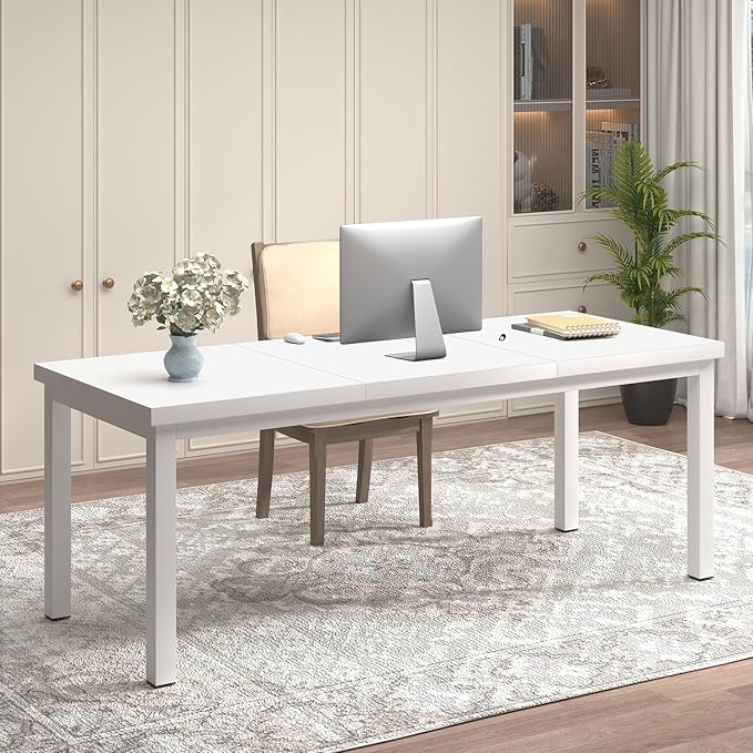 63 Inch Large Computer Desk, Modern Office Desk with Adjustable Feet, Gaming Desk with Deep Desktop, Study Writing Table for Home Office, Work from Home, White