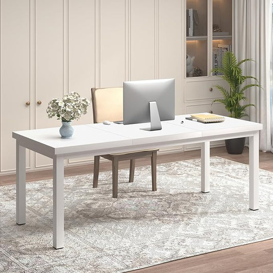 63 Inch Large Computer Desk, Modern Office Desk with Adjustable Feet, Gaming Desk with Deep Desktop, Study Writing Table for Home Office, Work from Home, White