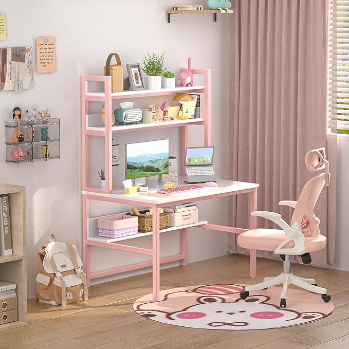 Aquzee Pink Desk Hutch, 47in Woman Computer Desk with Bookshelf & Storage Shelves, Space Saving Girls Writing Study Craft Table for Bedroom Kids Room, White Wood & Pink Iron Home Office Desks