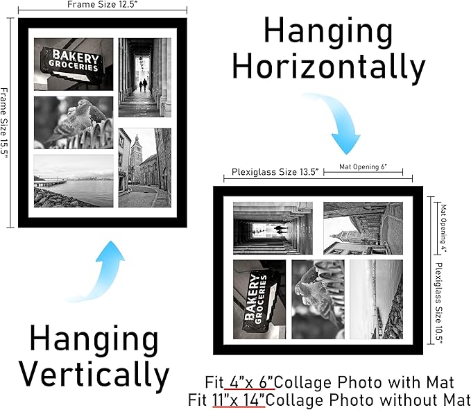 VIOLABBEY 11x14 Picture Frame, Fits Five 4x6 Photos with Mat or One 11x14 Picture without Mat for Wall or Tabletop, Black Collage Frame